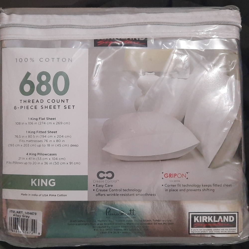 NEW Kirkland Signature 680 Thread Count 6-piece King Size, Sheet Set, Alloy Gray